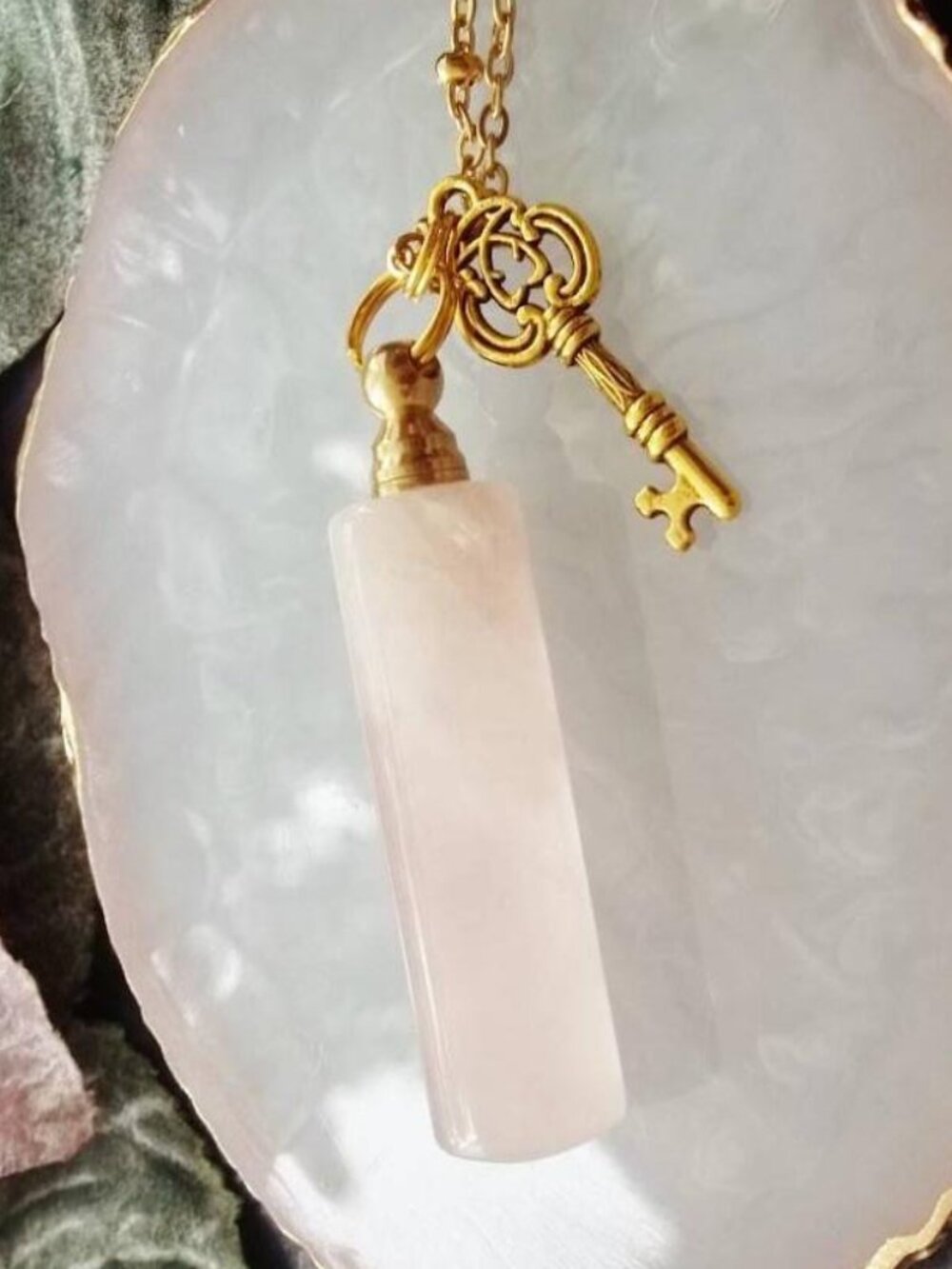 Rose Quartz Crystal Cylinder Perfume Bottle Necklace Key Charm Urn Pendant